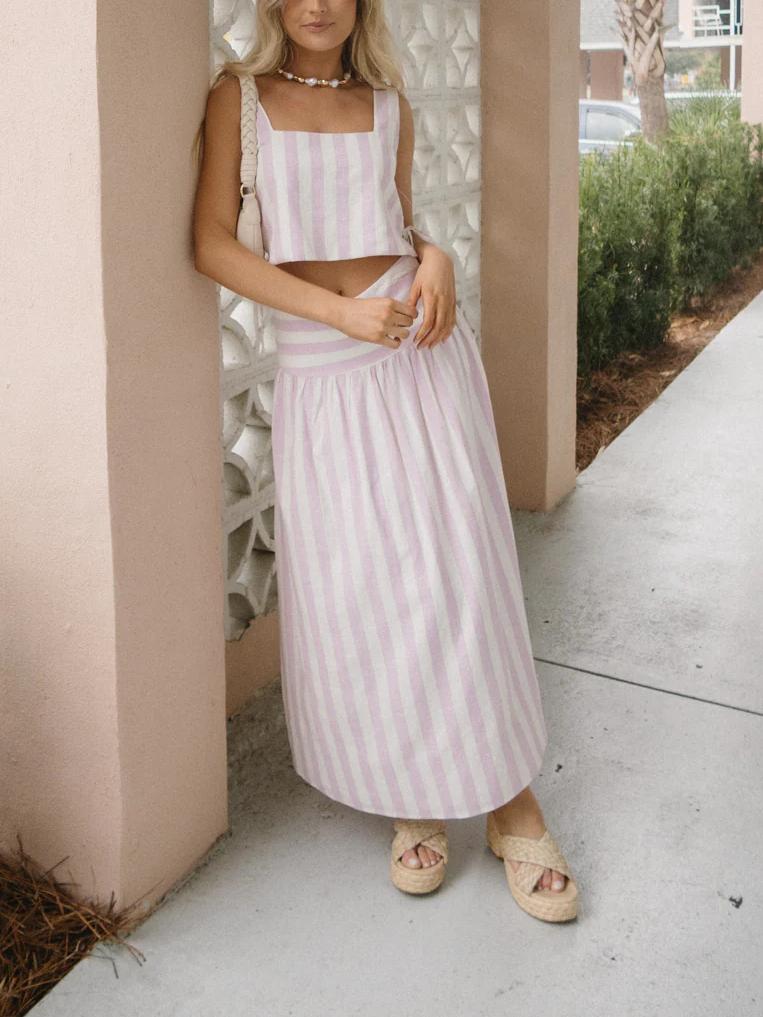 Marie | Pink and White Striped Skirt Set