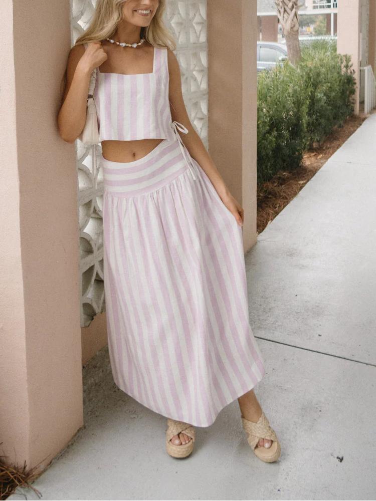 Marie | Pink and White Striped Skirt Set