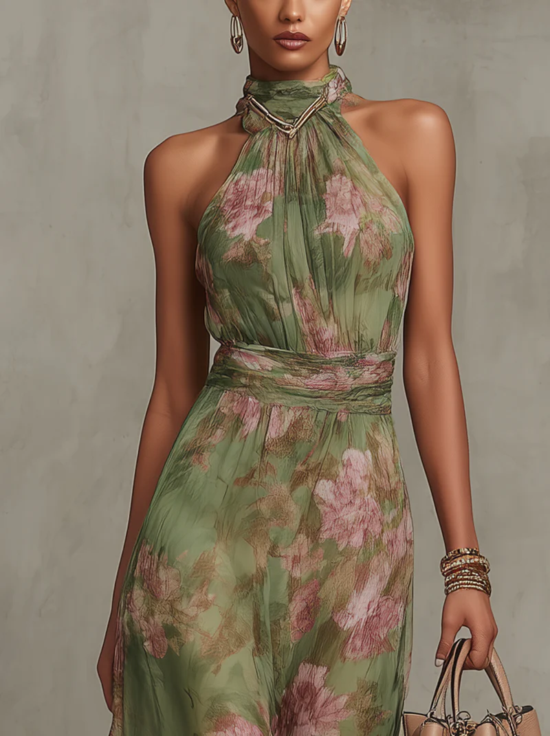 Livia | Elegant Floral Halter Neck Maxi Dress