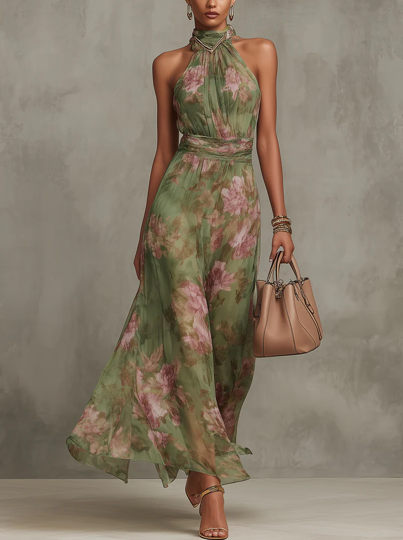 Livia | Elegant Floral Halter Neck Maxi Dress